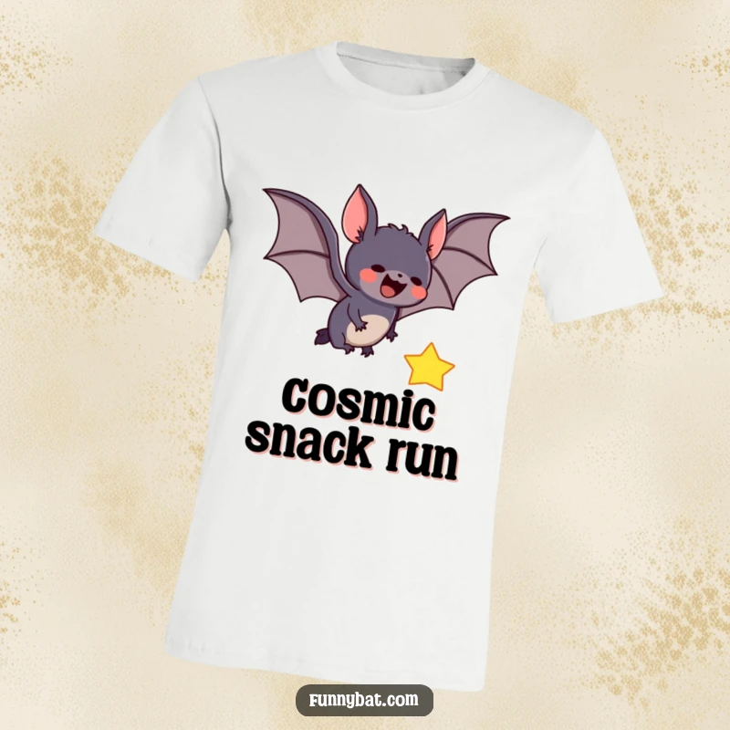 Funny t-shirt with a cute, determined bat diving through the night sky to catch a sparkling falling star, radiating excitement.