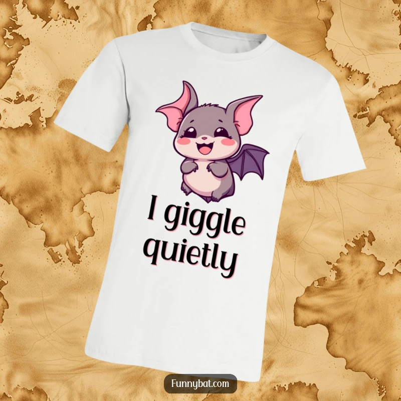 Funny kawaii bat t-shirt featuring a silent, bubbly laugh and wide, expressive eyes, a humorous tee.