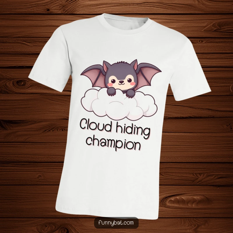 Funny shy kawaii bat t-shirt peeking from soft, fluffy clouds, a cute and humorous apparel item.