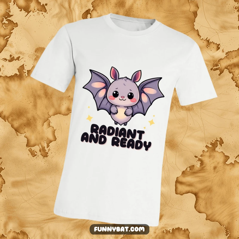 Funny t-shirt showcasing a whimsical bat emitting a soft, magical glow surrounded by a shower of happy, twinkling sparkles.