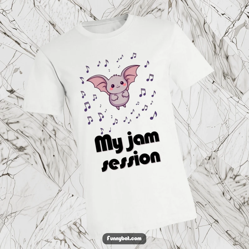 Funny t-shirt showcasing a small, round bat joyfully navigating a whimsical landscape filled with colorful, floating musical notes.