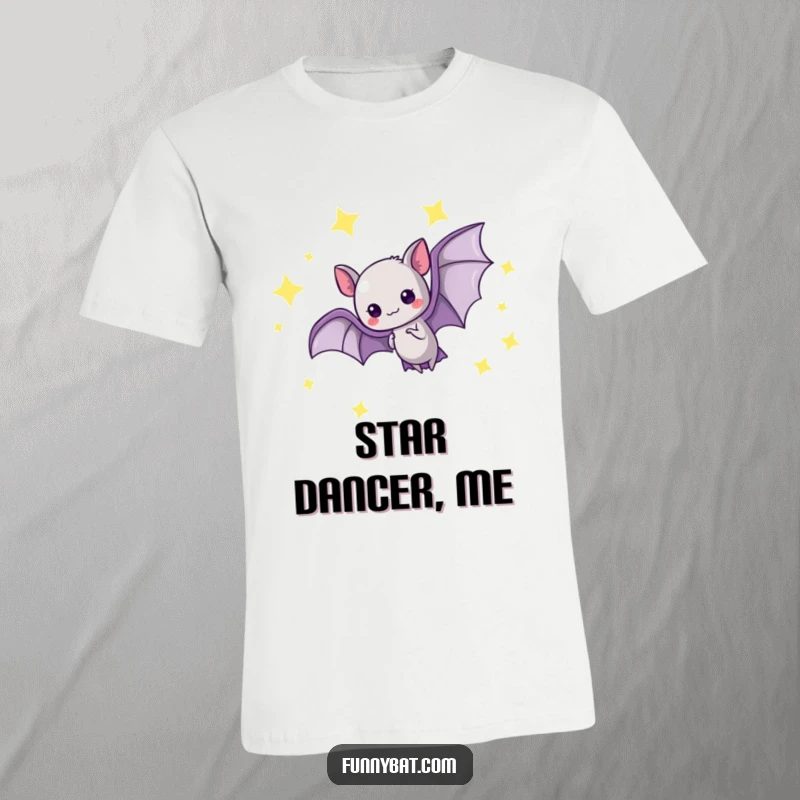 Funny kawaii bat t-shirt depicting a graceful loop-the-loop amidst glowing stars, a whimsical flight tee.
