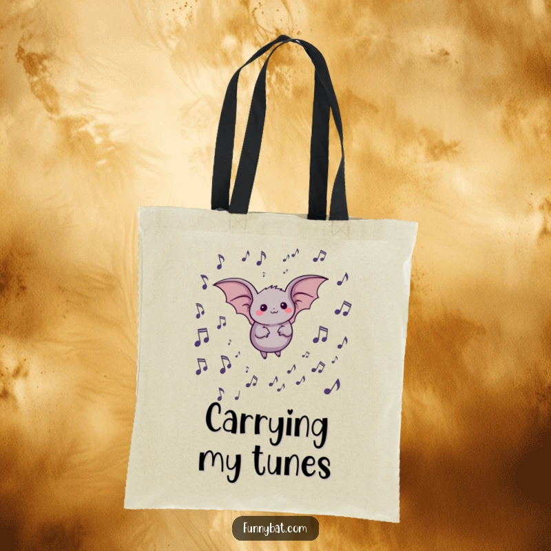 Funny tote bag depicting a small, round bat happily flying through a delightful mix of floating musical notes, perfect for music lovers.