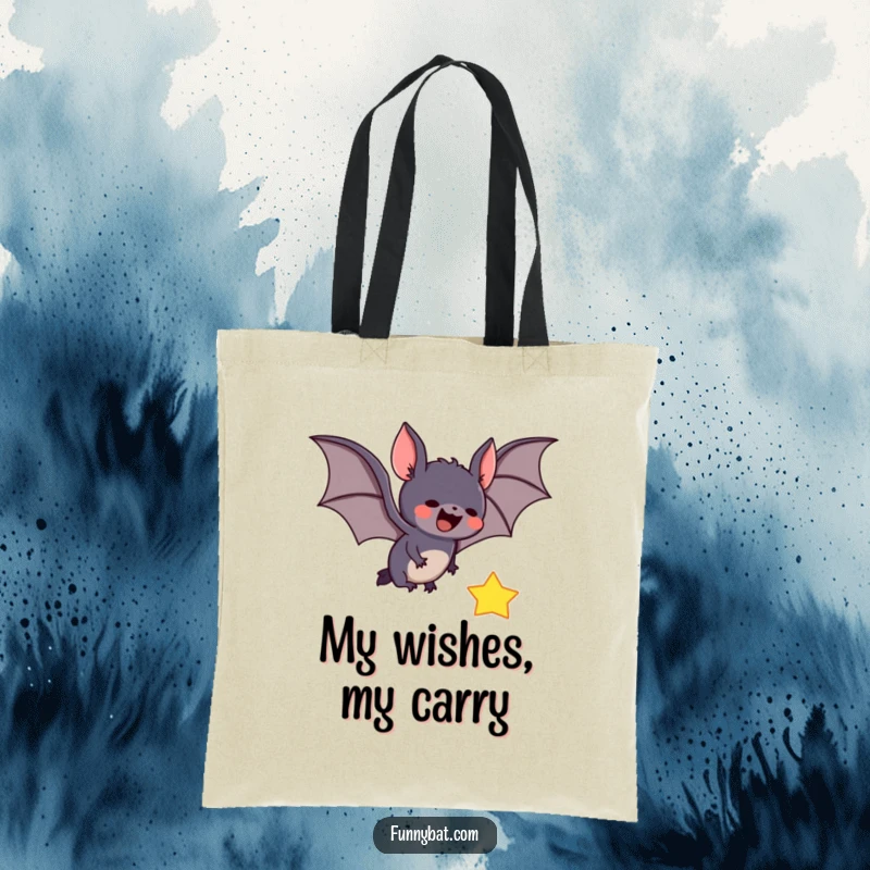 Funny tote bag featuring a cute bat in mid-flight, eagerly swooping to catch a bright falling star on a beautiful night sky.