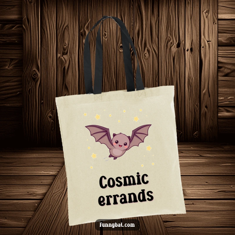 Funny tote bag depicting a cheerful bat quickly zooming through a night sky filled with numerous tiny, twinkling stars.
