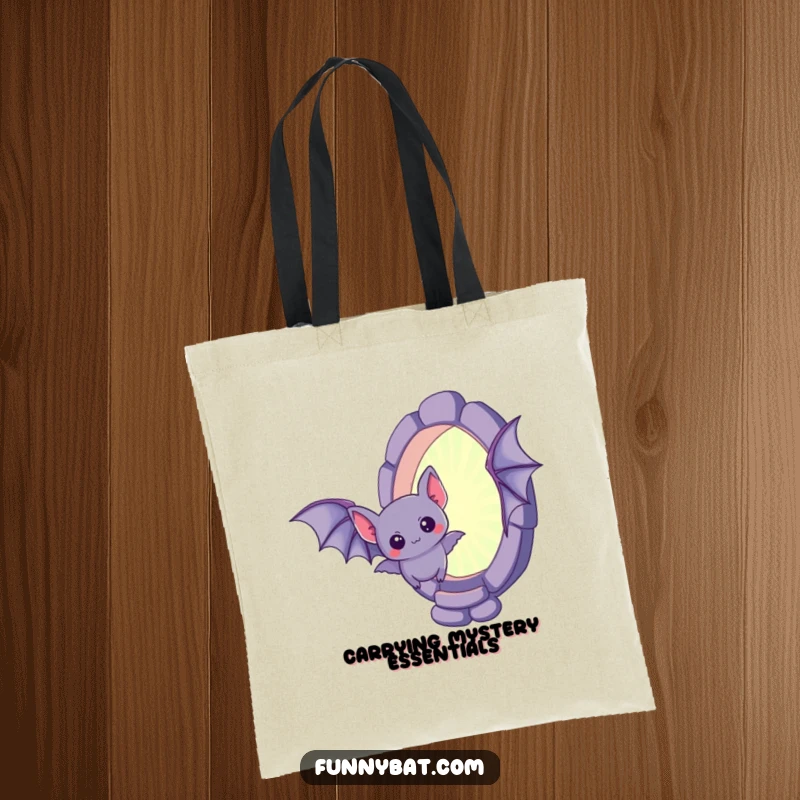 Funny kawaii bat tote bag, a curious little bat hovering near a mysterious, shimmering portal, practical and cute.