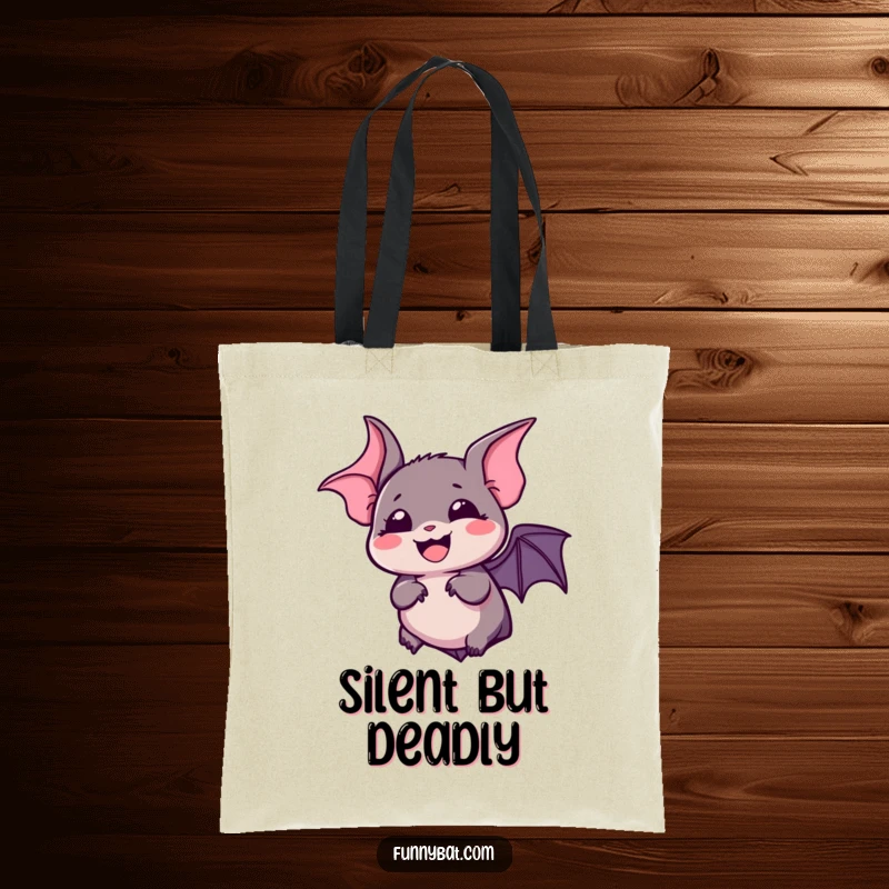 Funny kawaii bat tote bag with a silent, bubbly laugh and wide, expressive eyes, a humorous accessory.