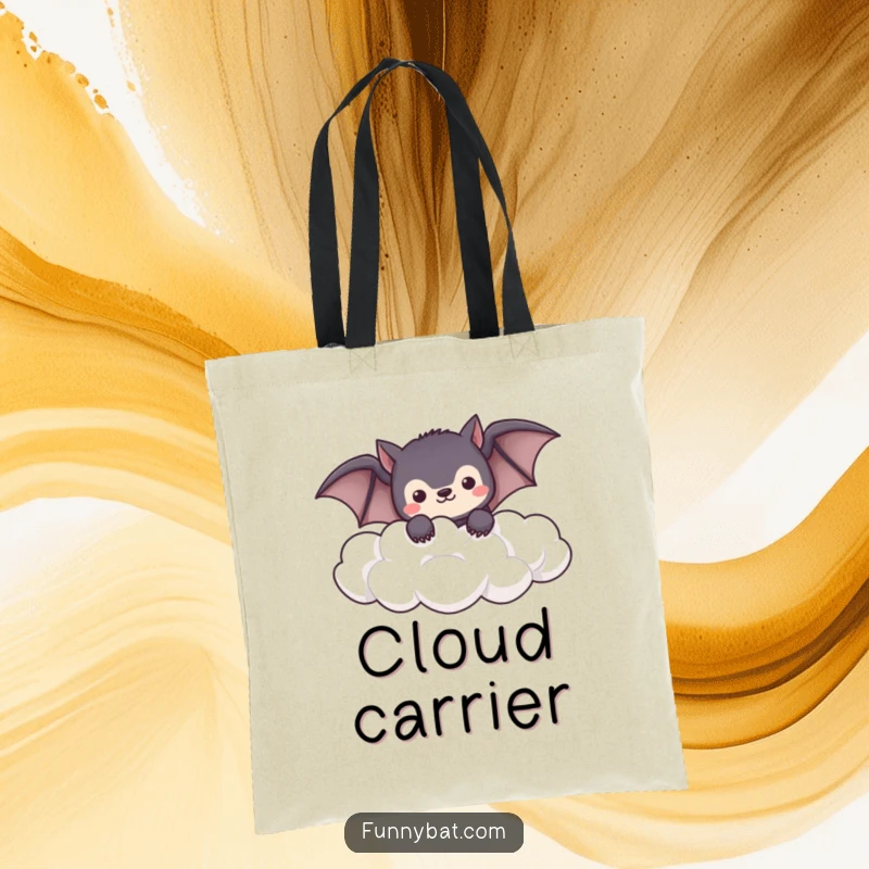 Funny shy kawaii bat tote bag peeking from soft, fluffy clouds, a cute and humorous accessory.
