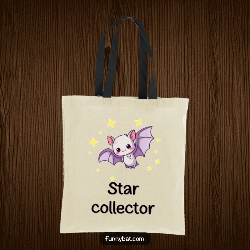 Funny kawaii bat tote bag showing a graceful loop-the-loop amidst glowing stars, a magical accessory.
